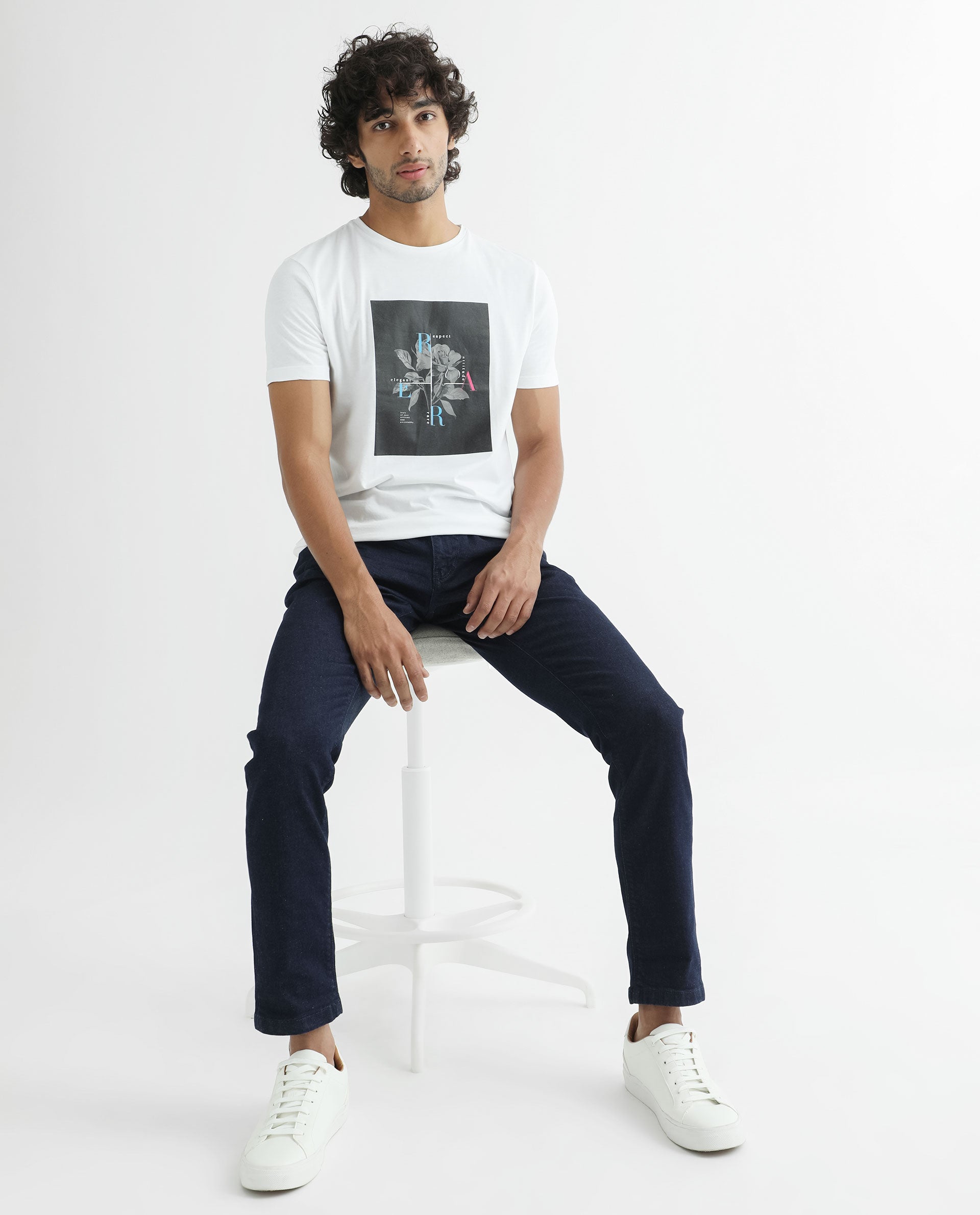 Rare Rabbit Men's Ponk White Cotton Graphic Print Slim Fit Half Sleeve Crew Neck T-Shirt