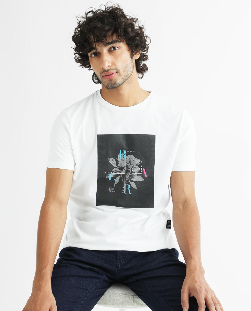 Rare Rabbit Men's Ponk White Cotton Graphic Print Slim Fit Half Sleeve Crew Neck T-Shirt