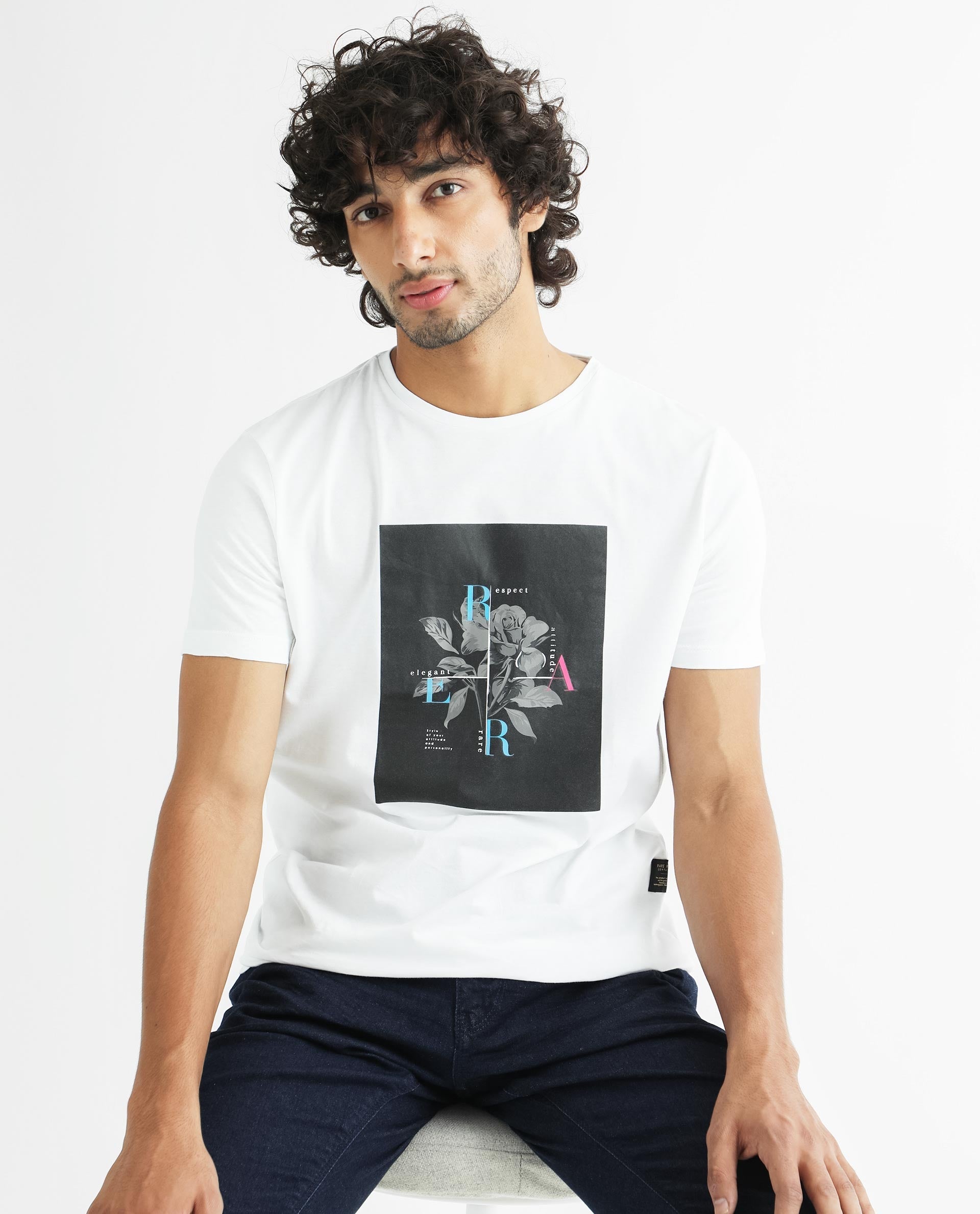 Rare Rabbit Men's Ponk White Cotton Graphic Print Slim Fit Half Sleeve Crew Neck T-Shirt