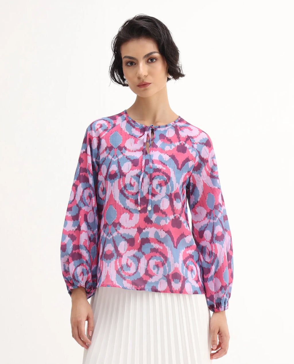 Rareism Women's Portia Multi Linen Tie-Up Neck Abstract Print Raglan Sleeve Regular Fit Top