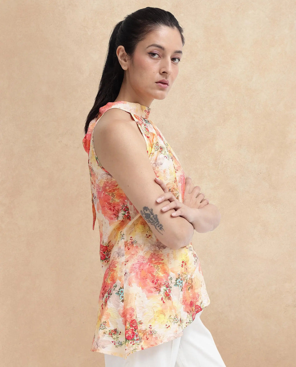 Rareism Women's Potenza Pastel Multi Nylon Blend Halter Neck Floral Print Sleeveless Regular Fit Top