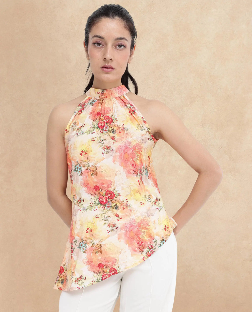 Rareism Women's Potenza Pastel Multi Nylon Blend Halter Neck Floral Print Sleeveless Regular Fit Top