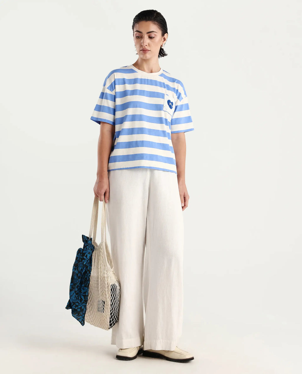 Rareism Women's Prandant Blue Cotton Blend Crew Neck Striped Boxy Fit T-Shirt