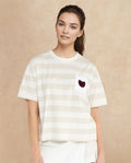 Rareism Women's Prandant Off White Cotton Blend Crew Neck Striped Boxy Fit T-Shirt