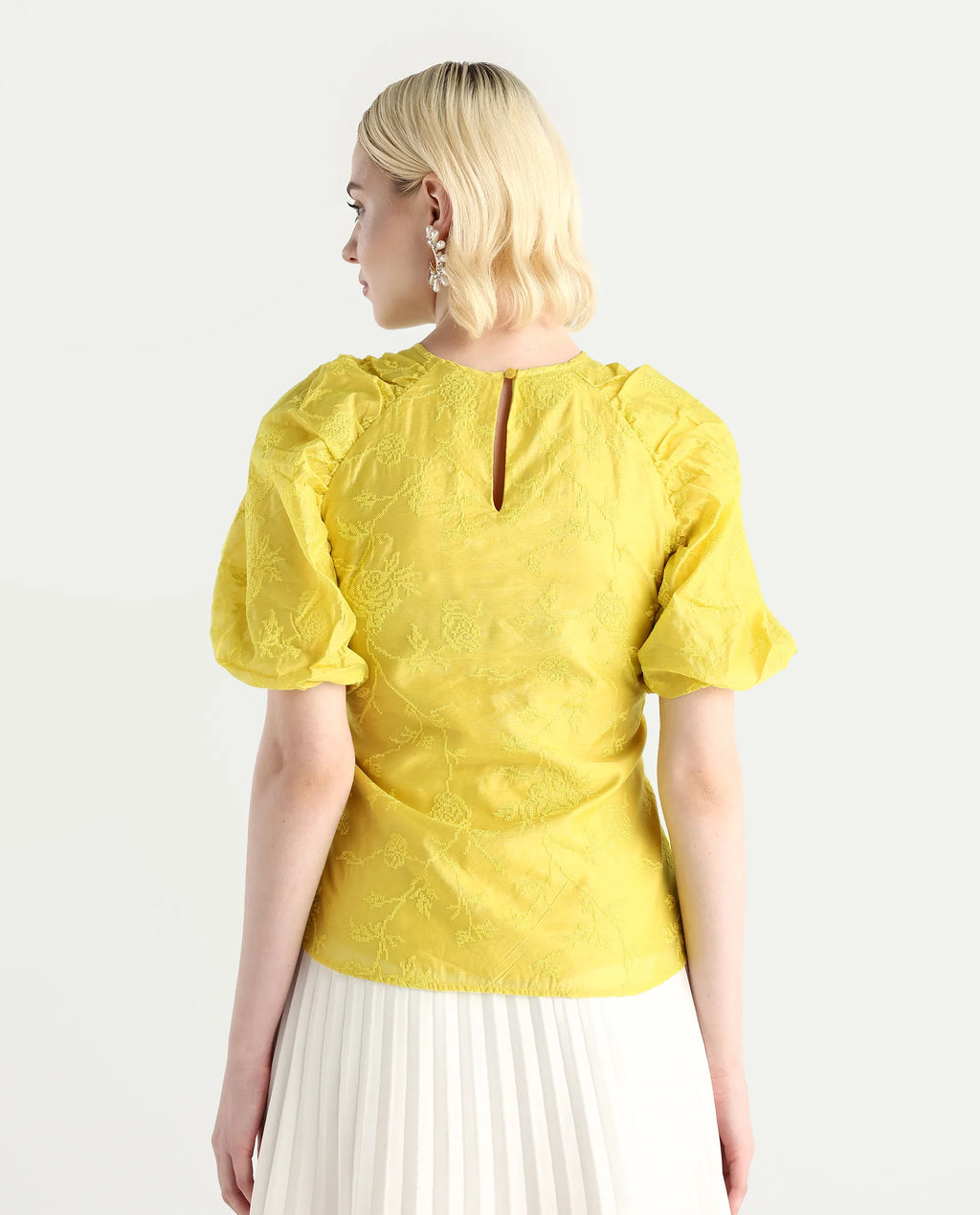 Rareism Women's Prebo Green Viscose Blend Mandarin Collar Plain Balloon Sleeve Regular Fit Top