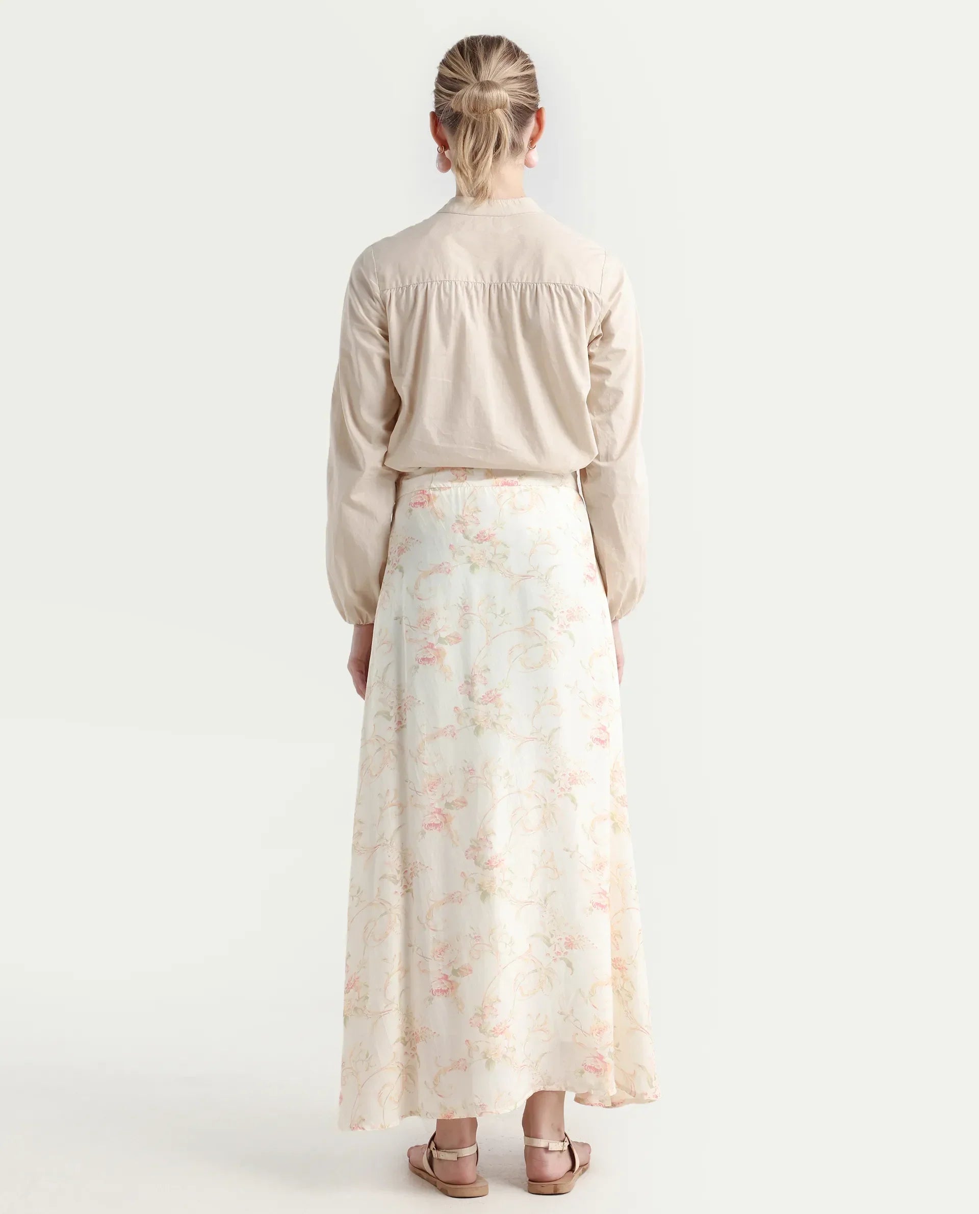 Rareism Women's Prelio Off White Viscose Floral Print Maxi A-Line Skirt