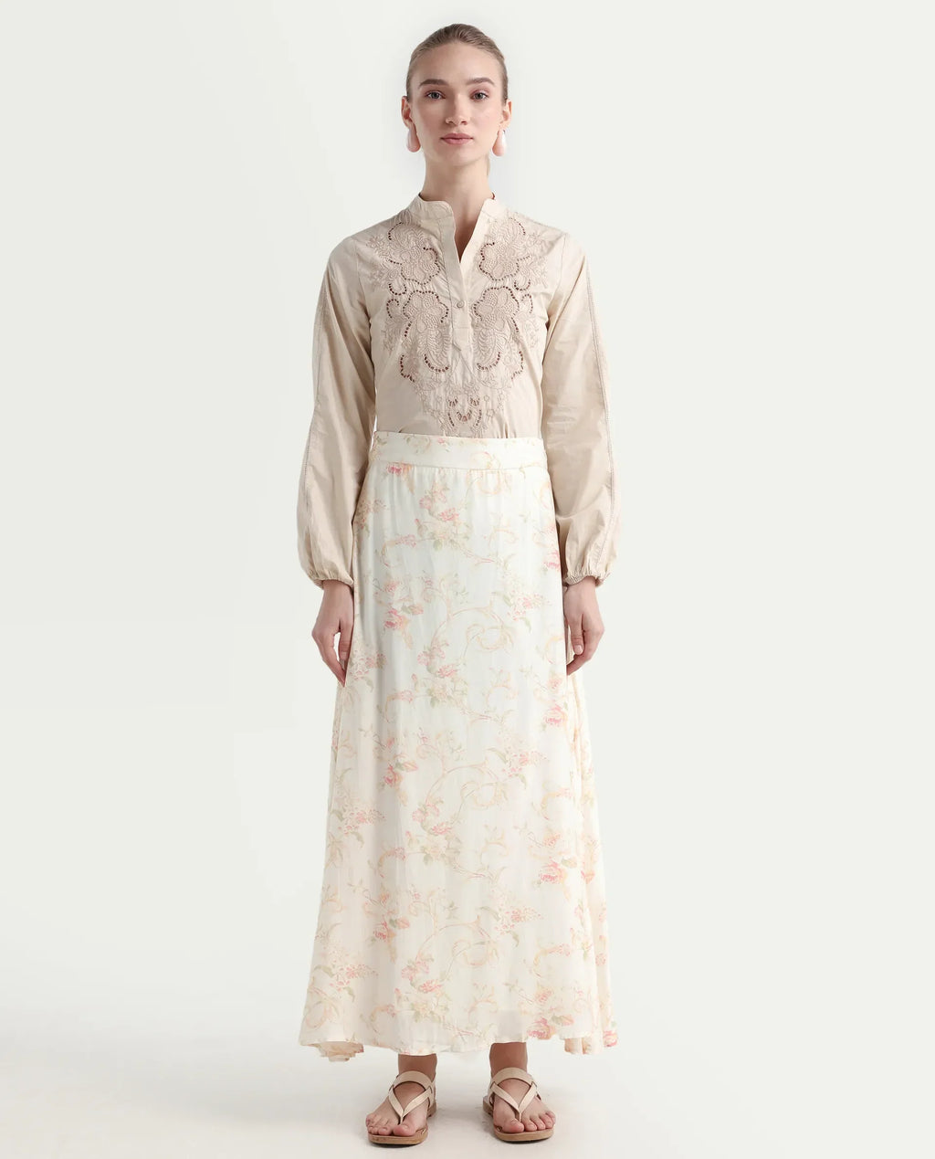 Rareism Women's Prelio Off White Viscose Floral Print Maxi A-Line Skirt