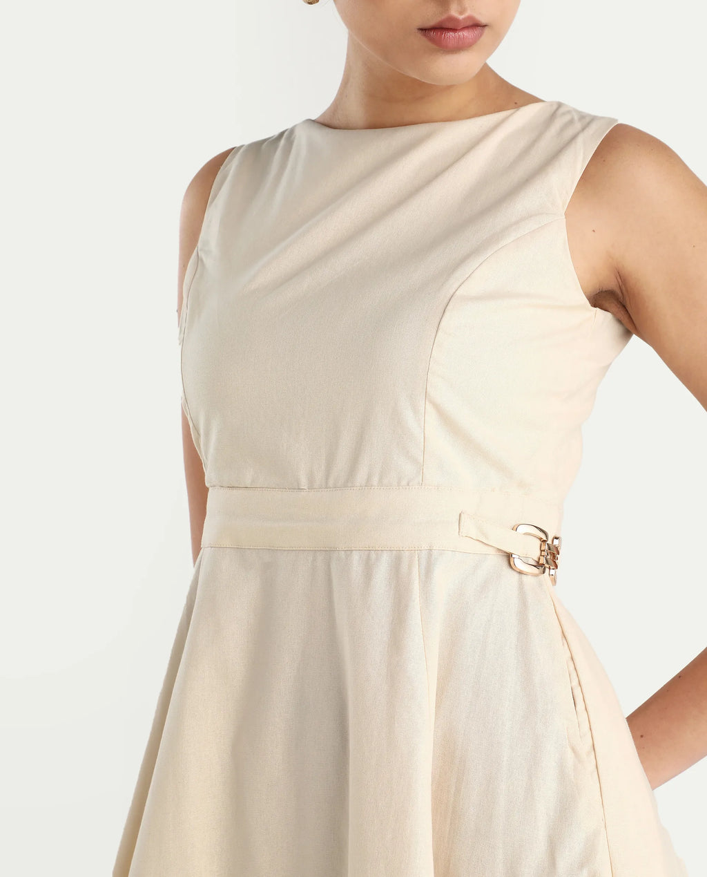 Rareism Women's Prelu Beige Cotton Round Neck Plain Sleeveless Maxi A-Line Dress