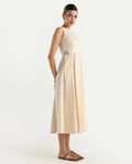 Rareism Women's Prelu Beige Cotton Round Neck Plain Sleeveless Maxi A-Line Dress