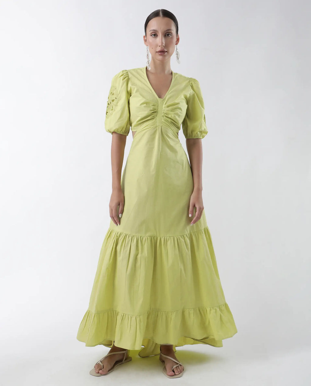 Rareism Women's Premier Green Cotton V-Neck Plain Puff Sleeves Maxi Fit And Flare Dress