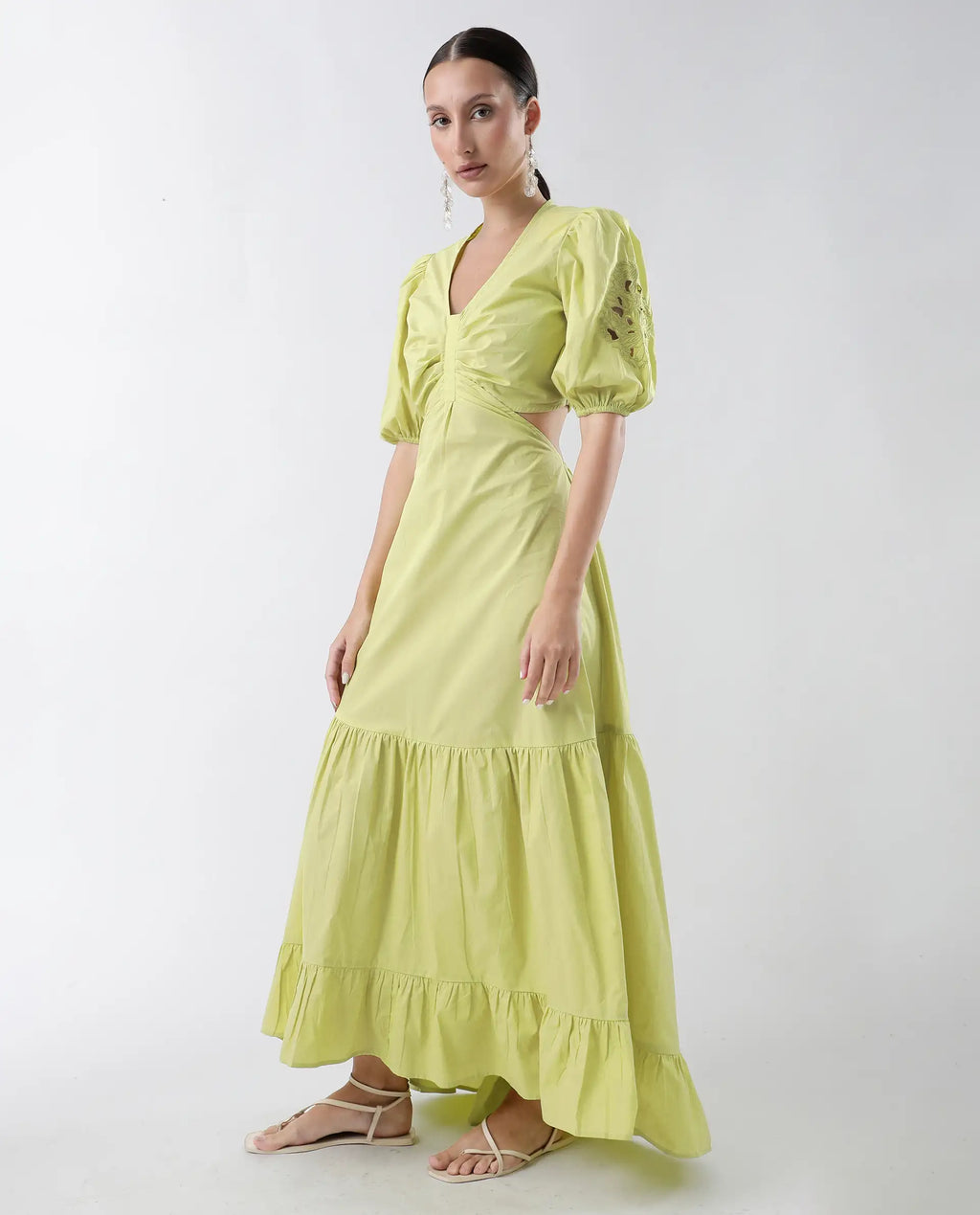 Rareism Women's Premier Green Cotton V-Neck Plain Puff Sleeves Maxi Fit And Flare Dress