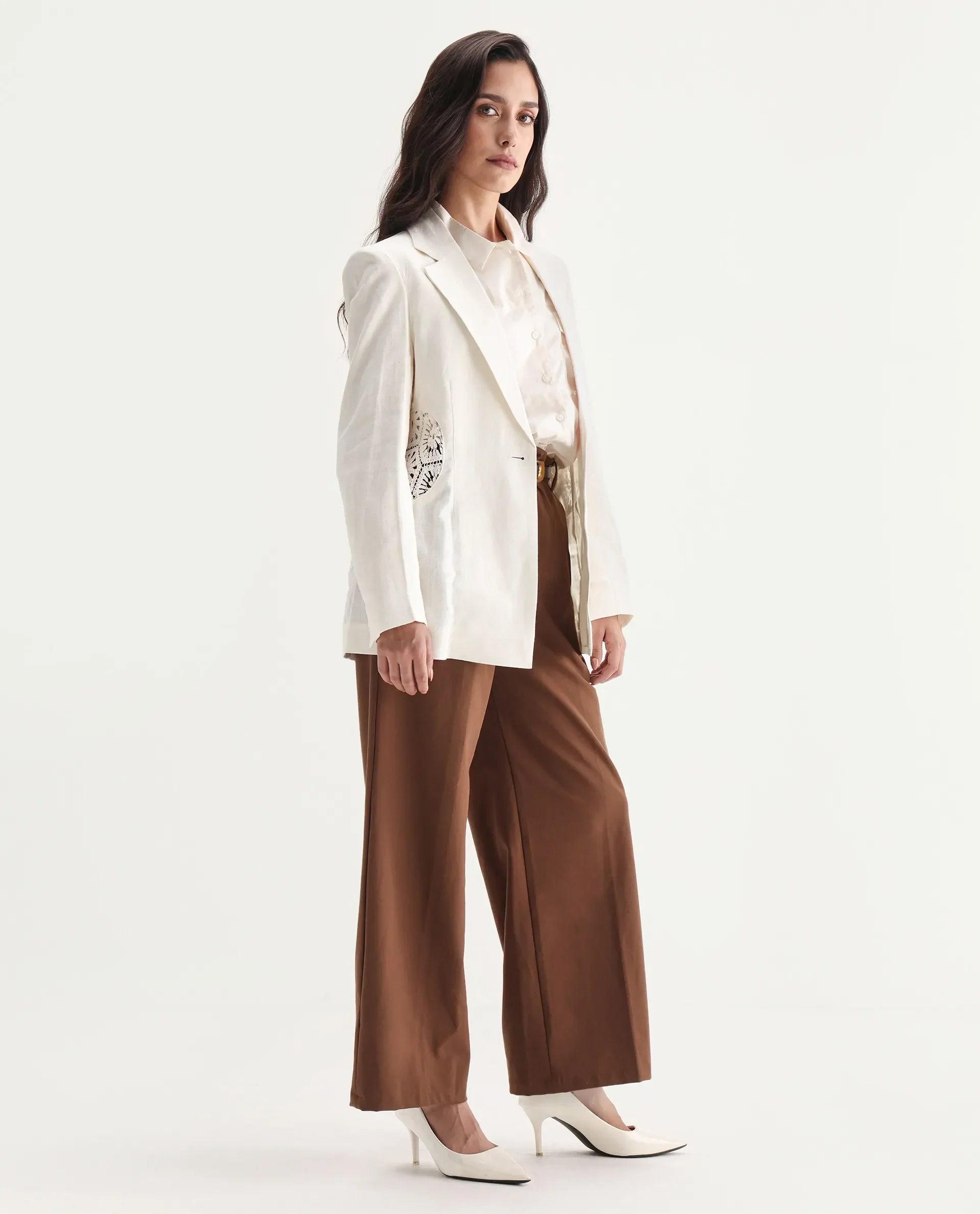 Rareism Women's Prender Off White Linen Lapel Neck Regular Fit Plain Blazer