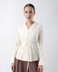Rareism Women's Prenick Off White Cotton Built-Up Neck Plain Cuffed Sleeve Regular Fit Top
