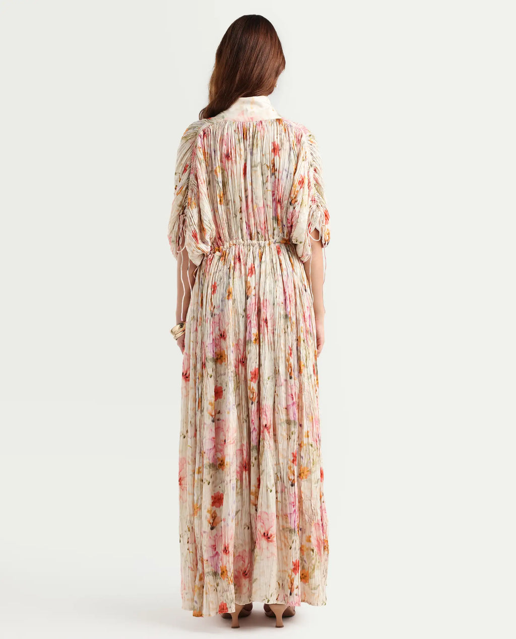 Rareism Women's Prenok Multi Viscose V-Neck Floral Print Kimono Sleeve Maxi Straight Fit Dress