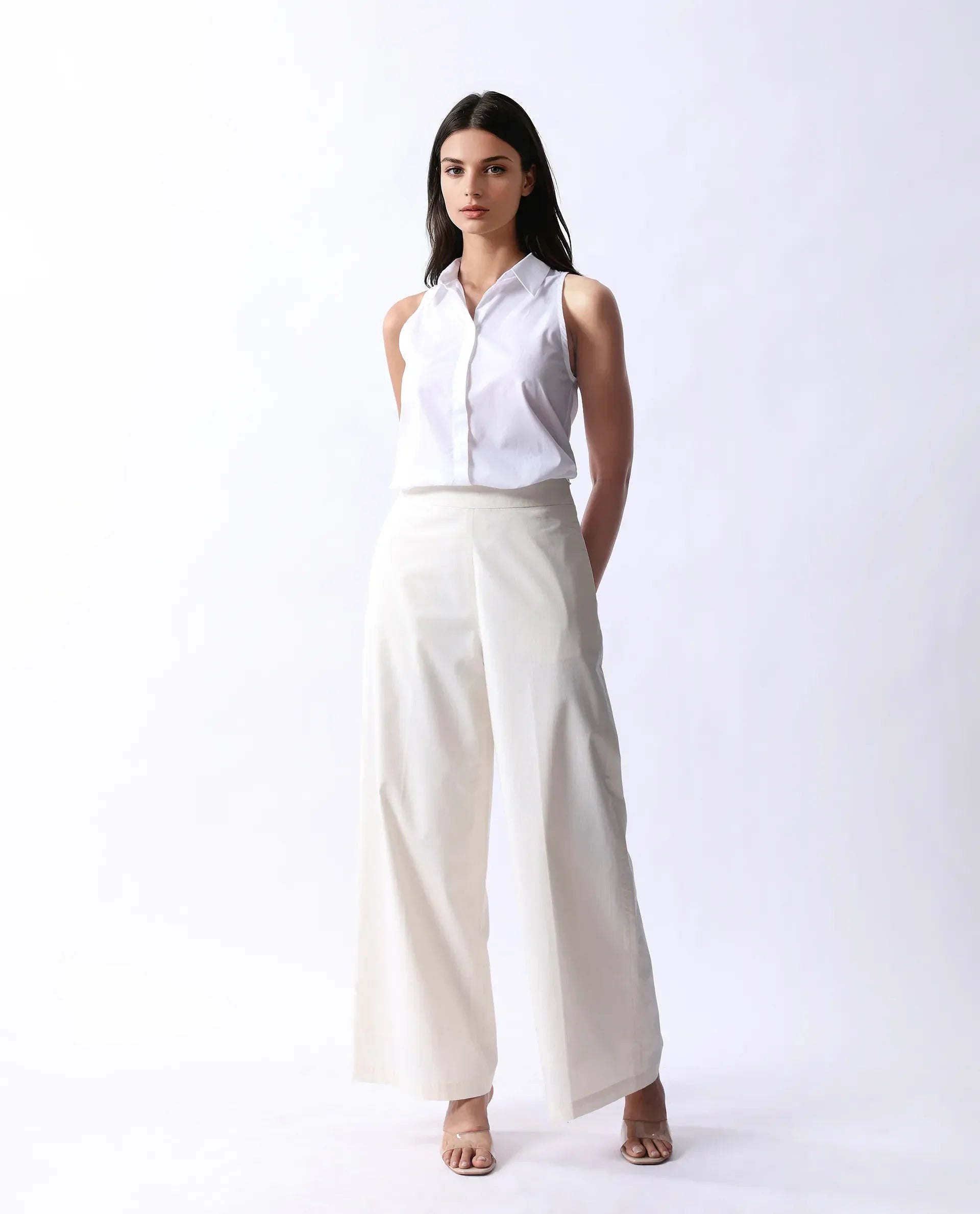 Rareism Women's Prenta B Beige Cotton Striped Ankle Length Straight Fit Trouser