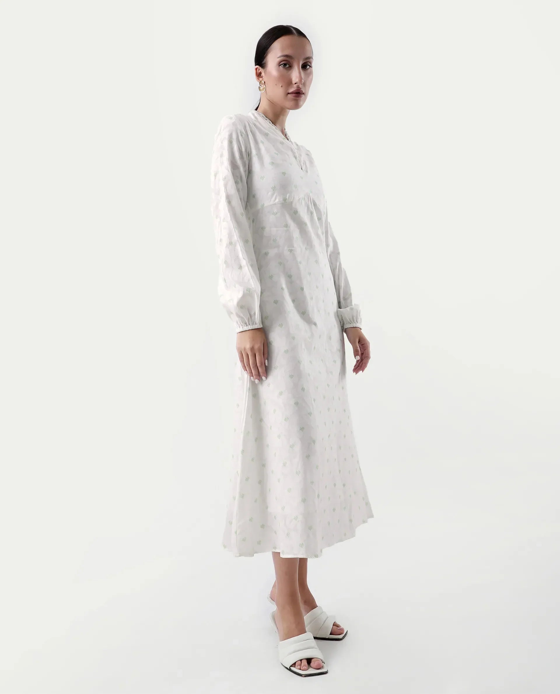 Rareism Women's Prento White Cotton V-Neck Plain Bishop Sleeve Midi Flared Dress