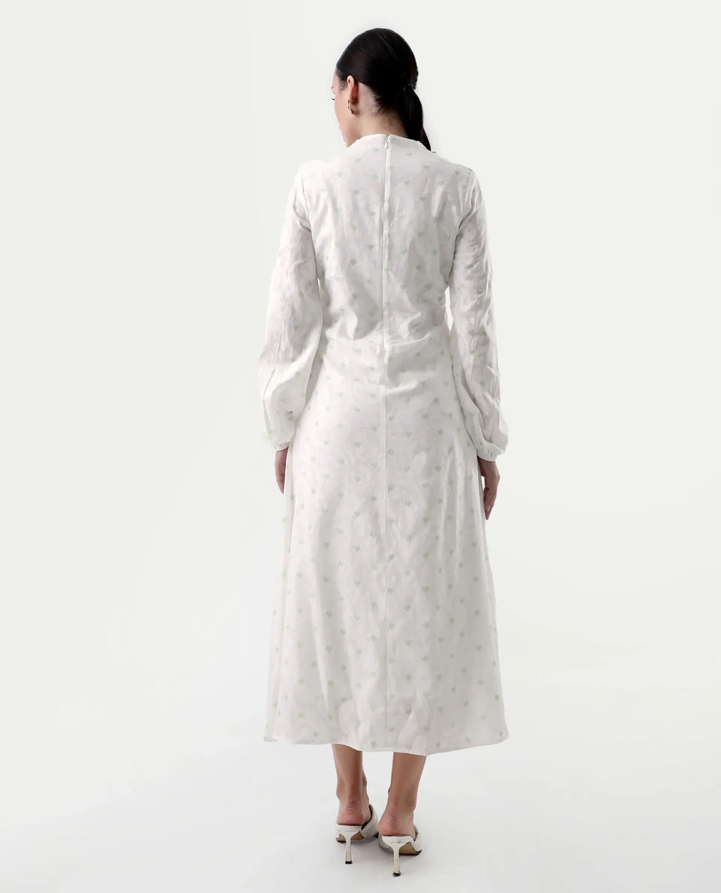 Rareism Women's Prento White Cotton V-Neck Plain Bishop Sleeve Midi Flared Dress
