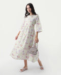 Rareism Women's Preo Multi Cotton Round Neck Abstract Print Bell Sleeve Midi Flared Dress