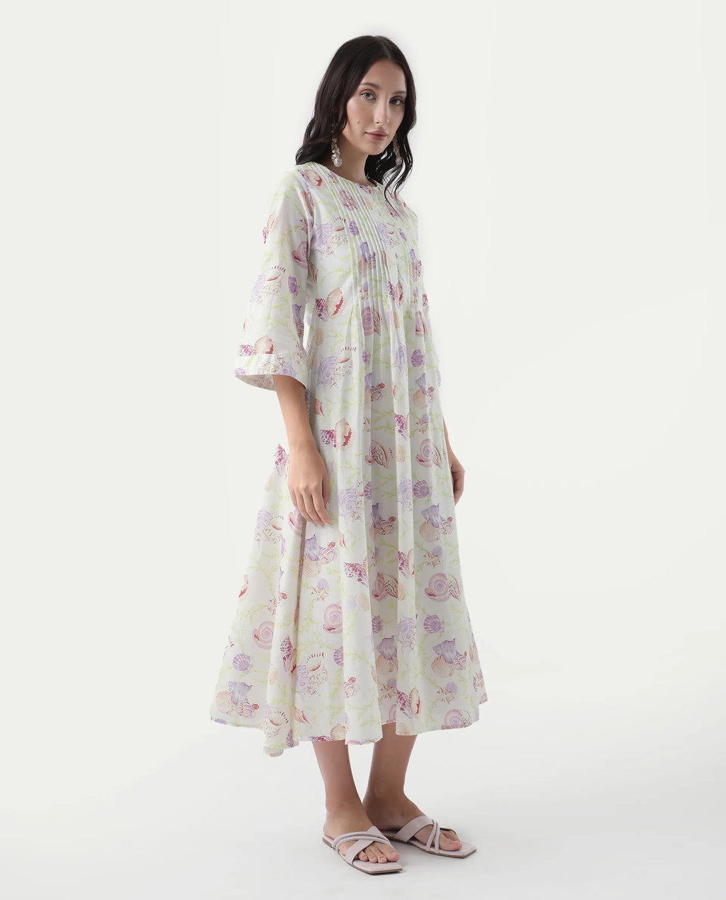 Rareism Women's Preo Multi Cotton Round Neck Abstract Print Bell Sleeve Midi Flared Dress