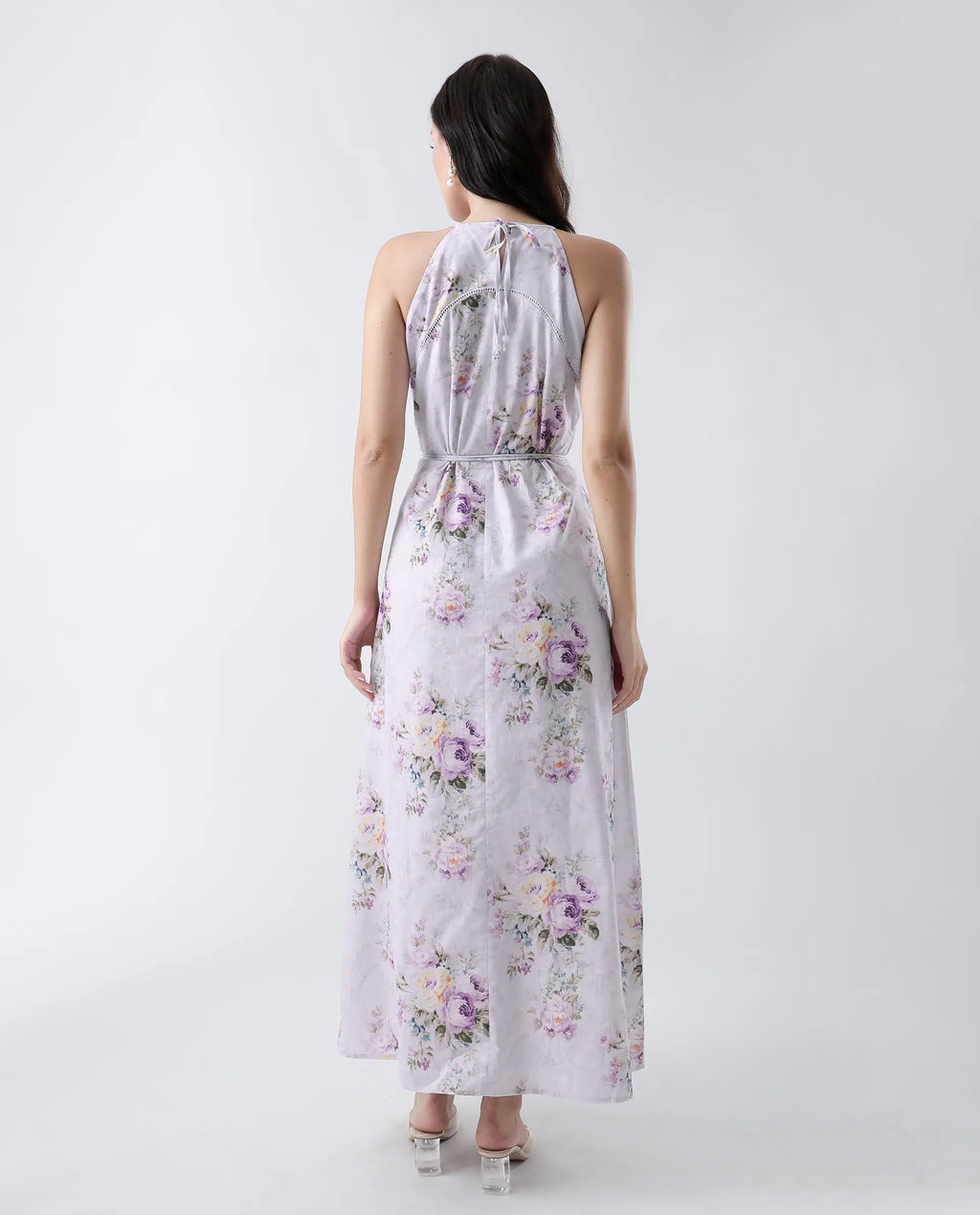 Rareism Women's Preru Purple Cotton Halter Neck Floral Print Sleeveless Maxi Flared Dress