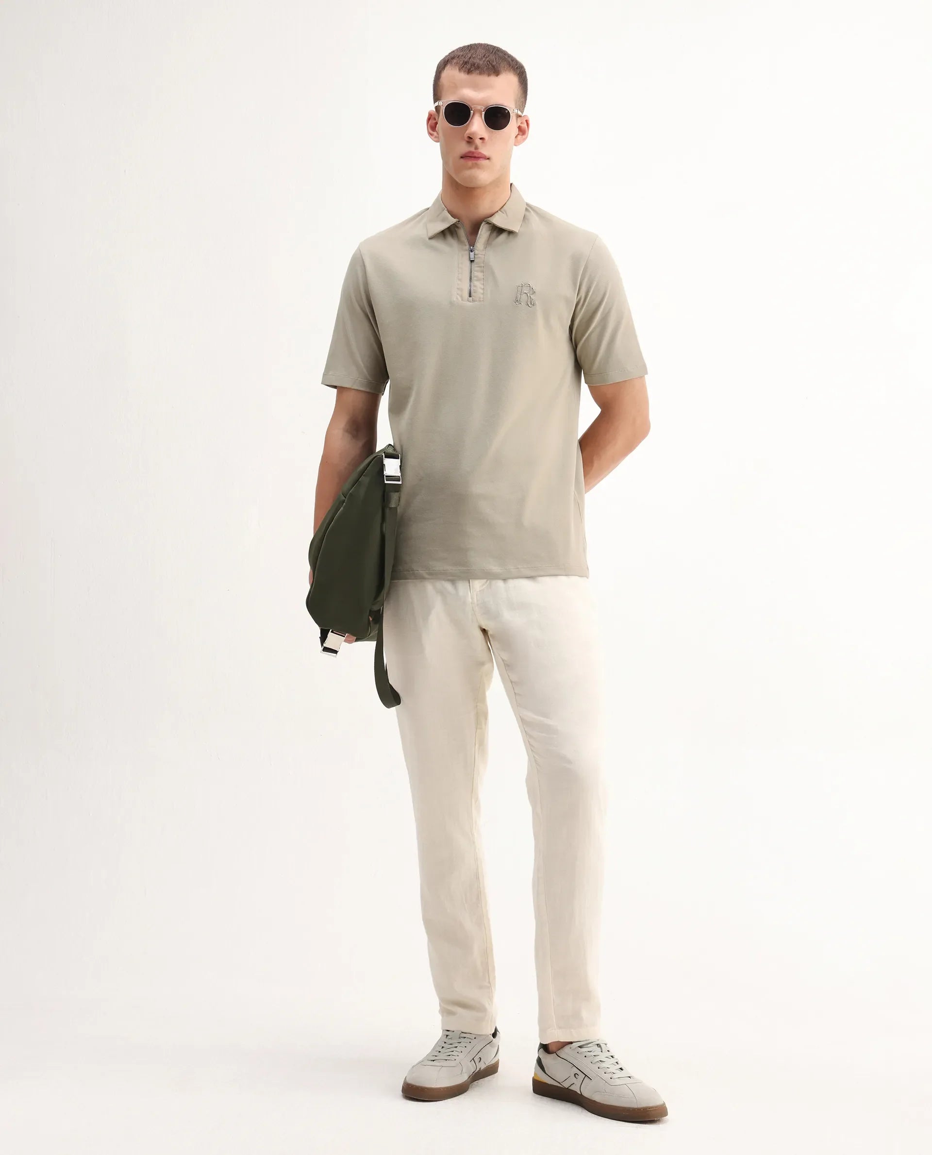 Rare Rabbit Men's Presto Pastel Green Cotton Embroidered Regular Fit Half Sleeve Polo
