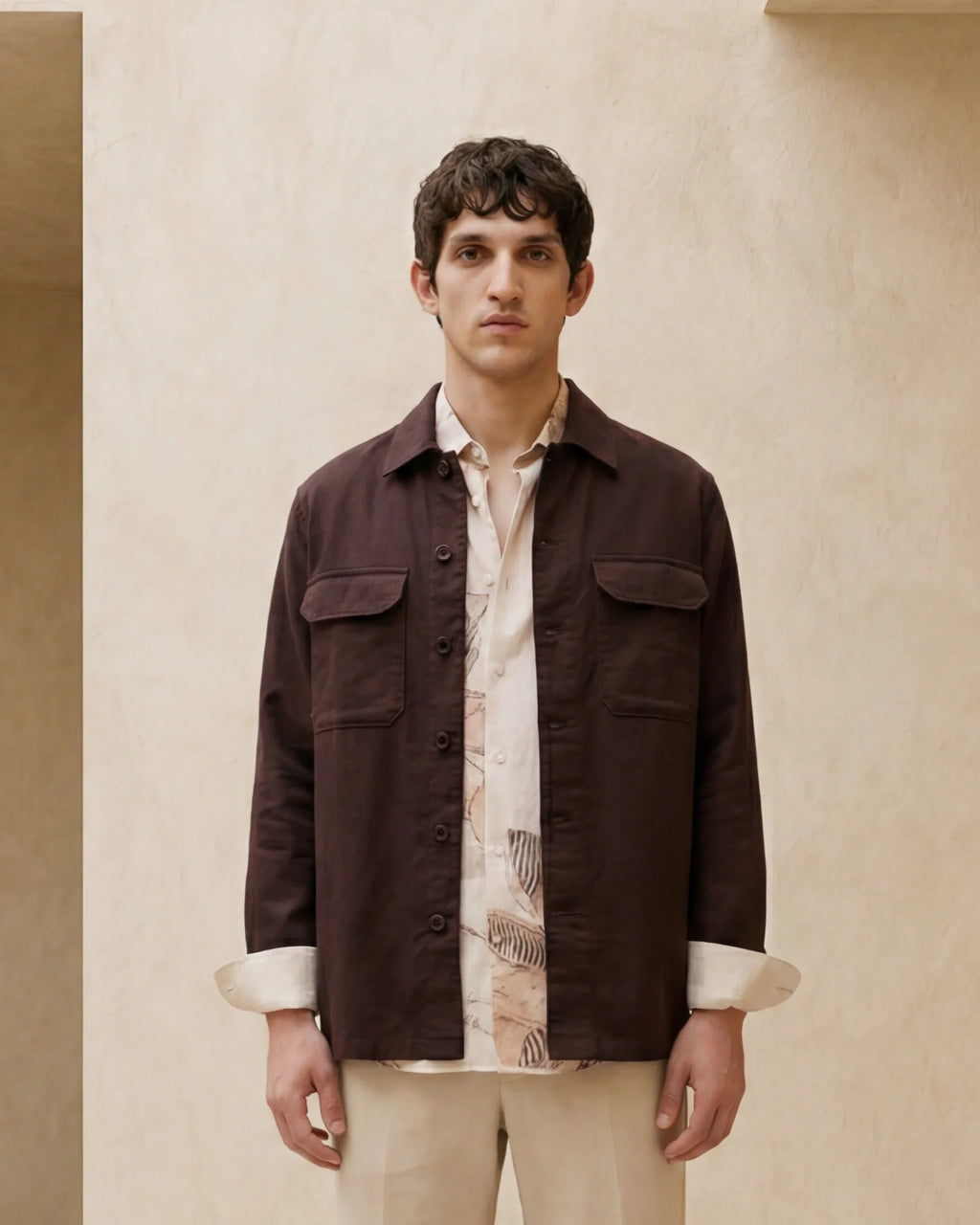 Rare Rabbit Men's Prest-Aw26 Brown Cotton Spread Collar Button Relaxed Plain Shacket