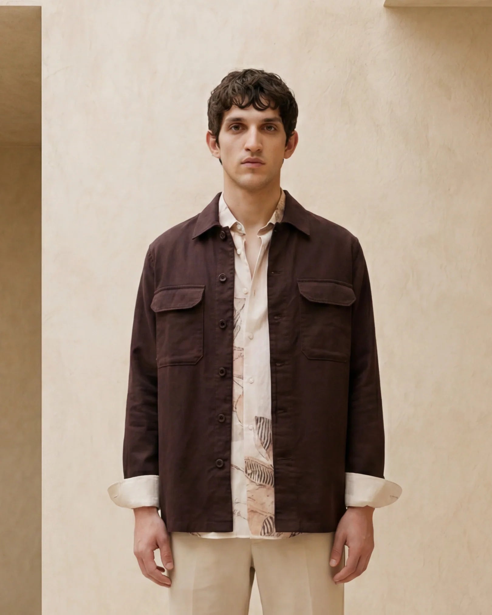 Rare Rabbit Men's Prest-Aw26 Brown Cotton Spread Collar Button Relaxed Plain Shacket