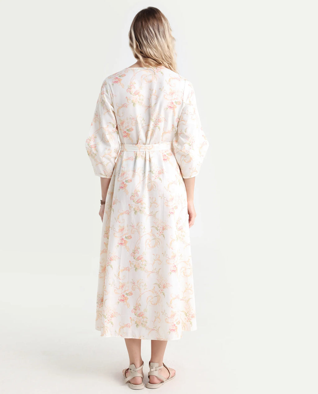 Rareism Women's Preu White Cotton V-Neck Floral Print Balloon Sleeve Midi Straight Fit Dress