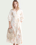 Rareism Women's Preu White Cotton V-Neck Floral Print Balloon Sleeve Midi Straight Fit Dress