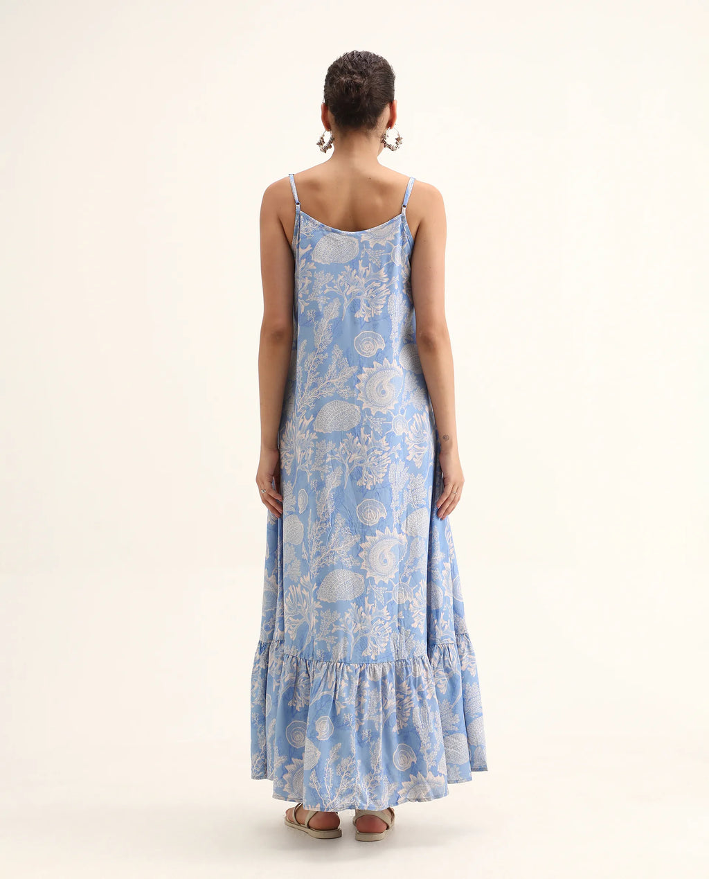 Rareism Women's Prevus Blue Viscose Shoulder Strap Abstract Print Sleeveless Maxi Flared Dress