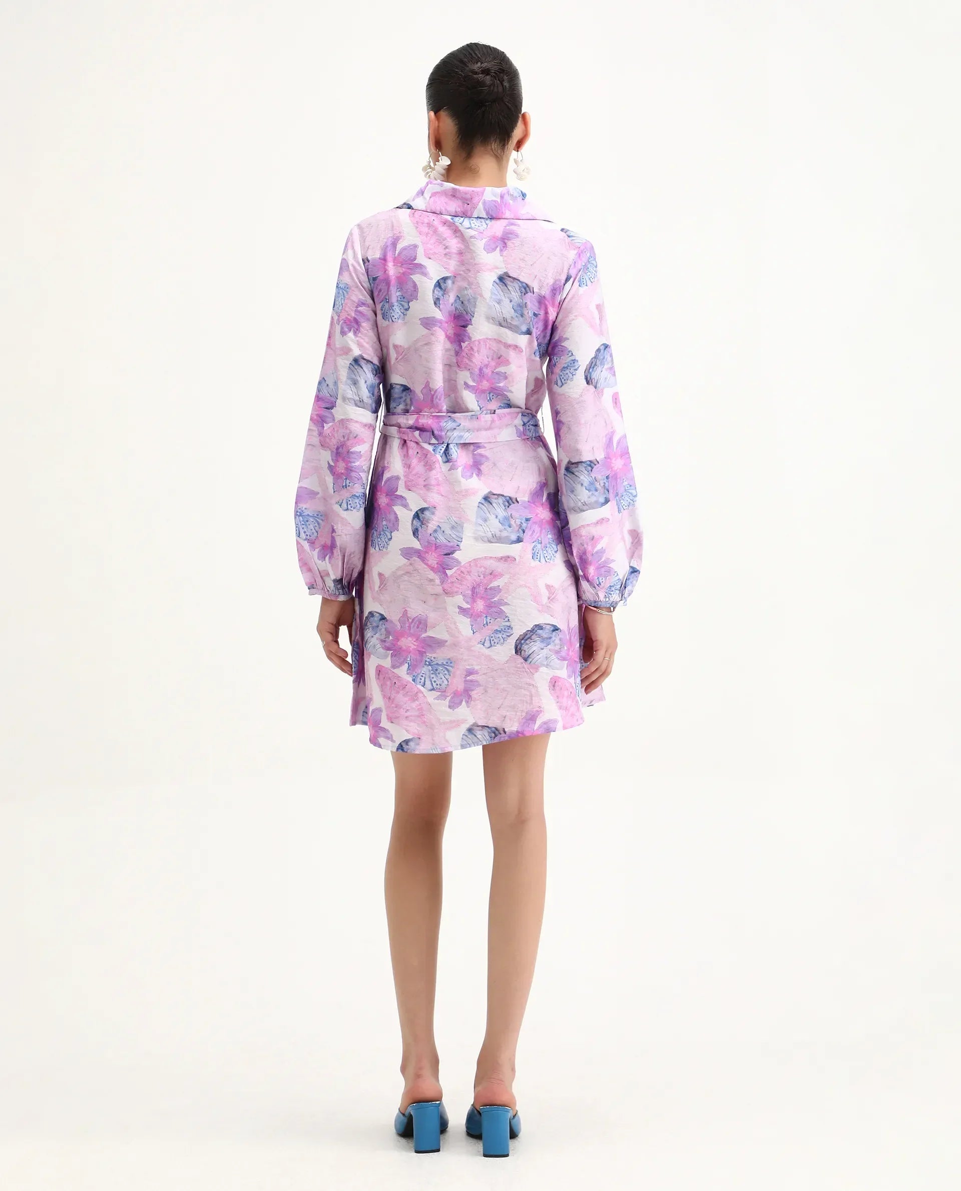 Rareism Women's Prewern Multi Viscose Blend Spread Collar Floral Print Bishop Sleeve Mini A-Line Dress