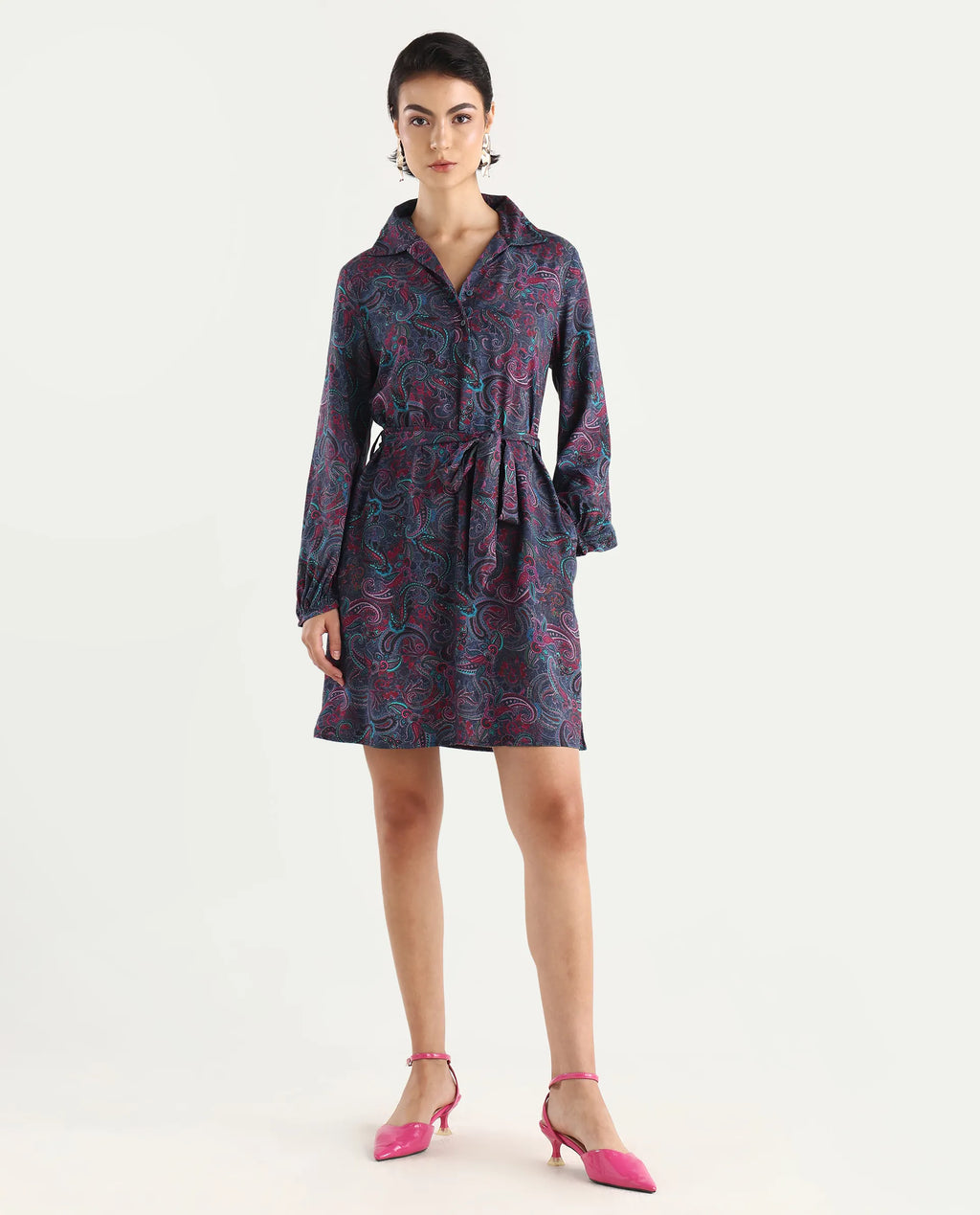 Rareism Women's Pronat Multi Viscose Drop Collar Paisley Print Bishop Sleeve Mini Fit And Flare Dress