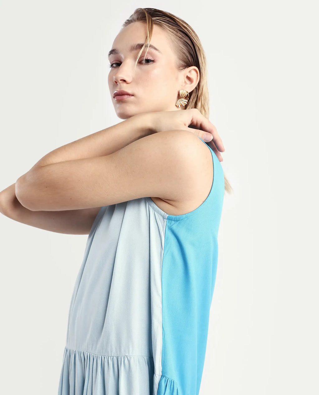Rareism Women's Provoke Blue Cotton High Neck Color Block Sleeveless Knee Length Regular Fit Dress