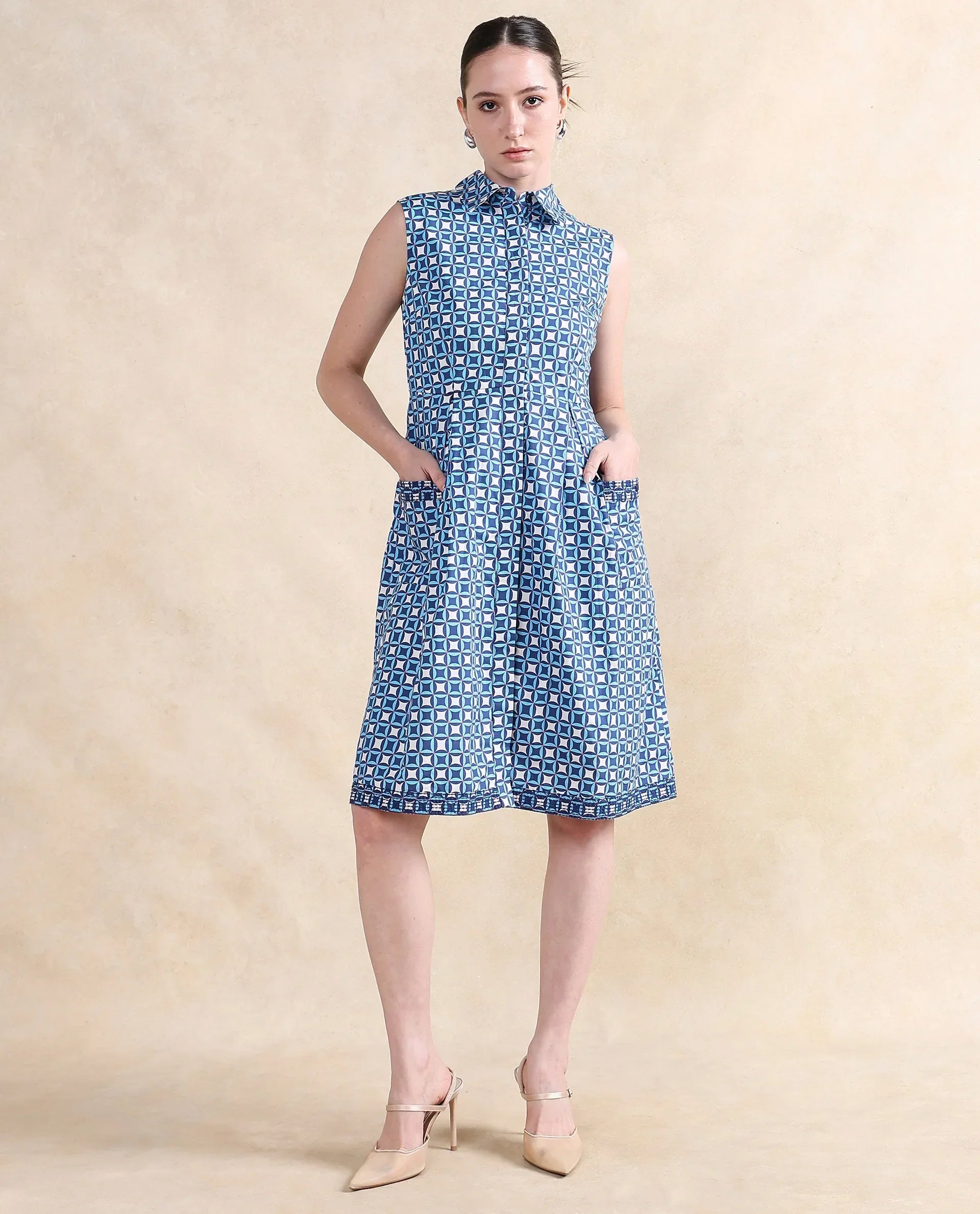Rareism Women's Qban Multi Cotton Drop Collar Geometric Print Sleeveless Knee Length A-Line Dress