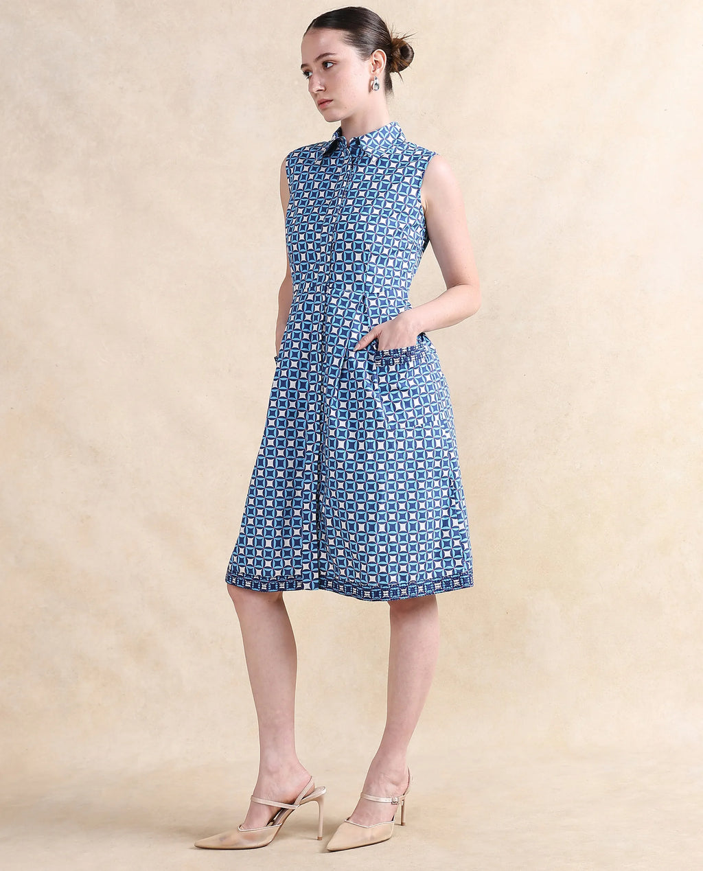 Rareism Women's Qban Multi Cotton Drop Collar Geometric Print Sleeveless Knee Length A-Line Dress