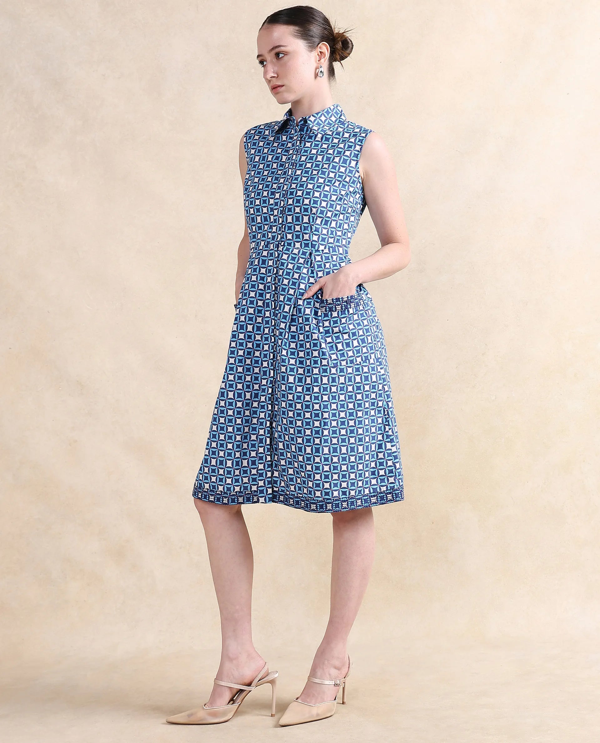 Rareism Women's Qban Multi Cotton Drop Collar Geometric Print Sleeveless Knee Length A-Line Dress