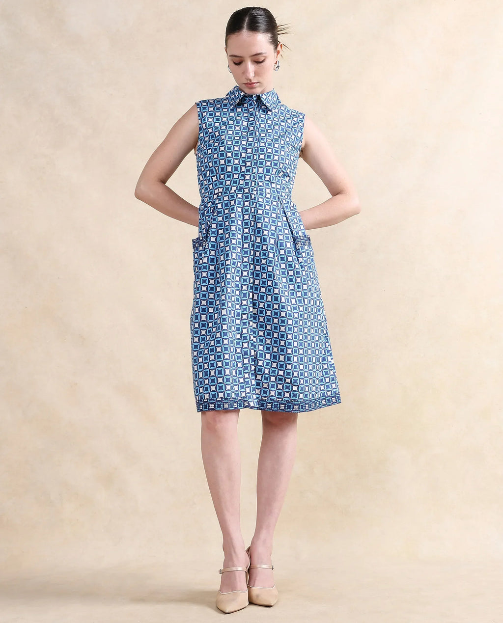 Rareism Women's Qban Multi Cotton Drop Collar Geometric Print Sleeveless Knee Length A-Line Dress