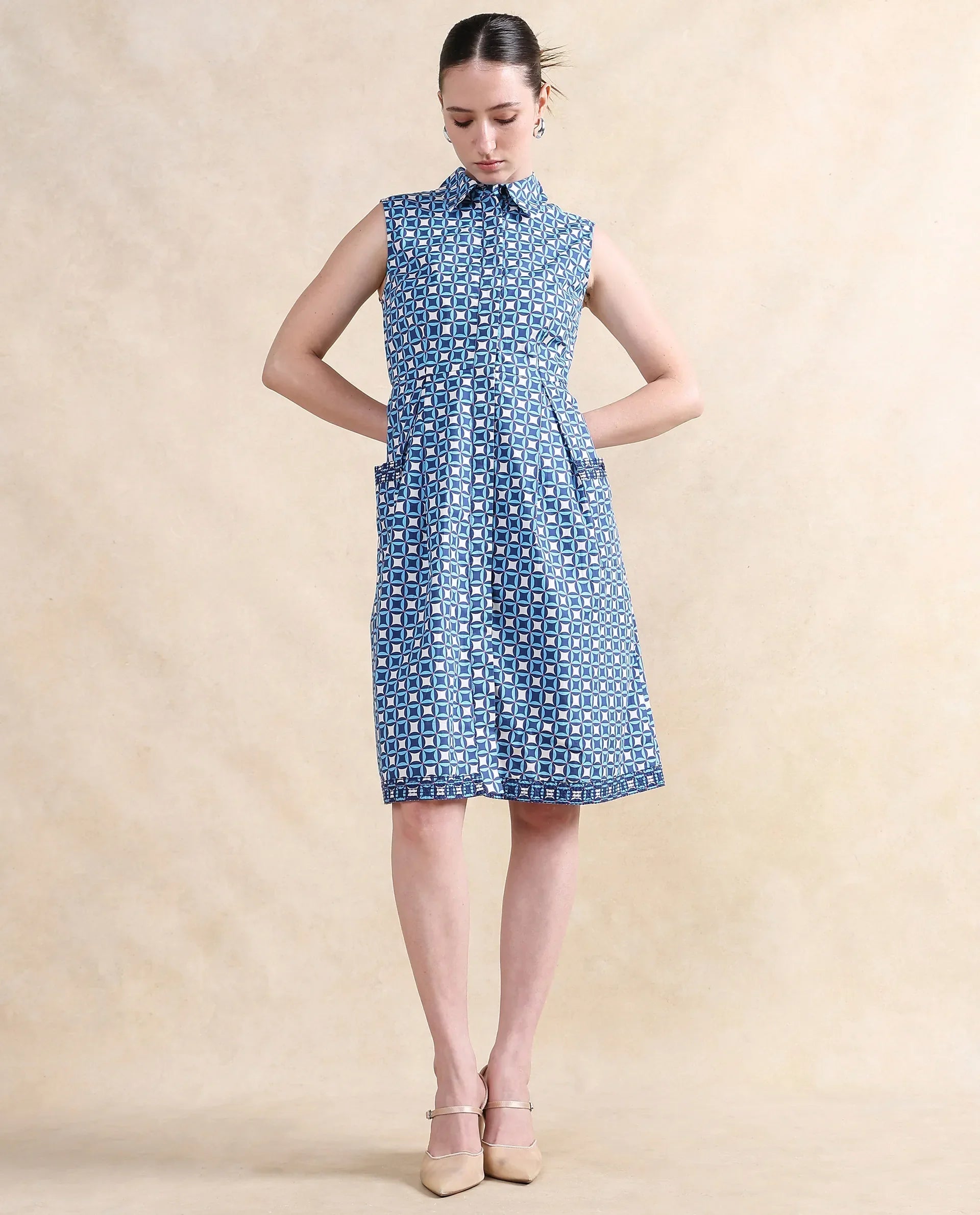 Rareism Women's Qban Multi Cotton Drop Collar Geometric Print Sleeveless Knee Length A-Line Dress