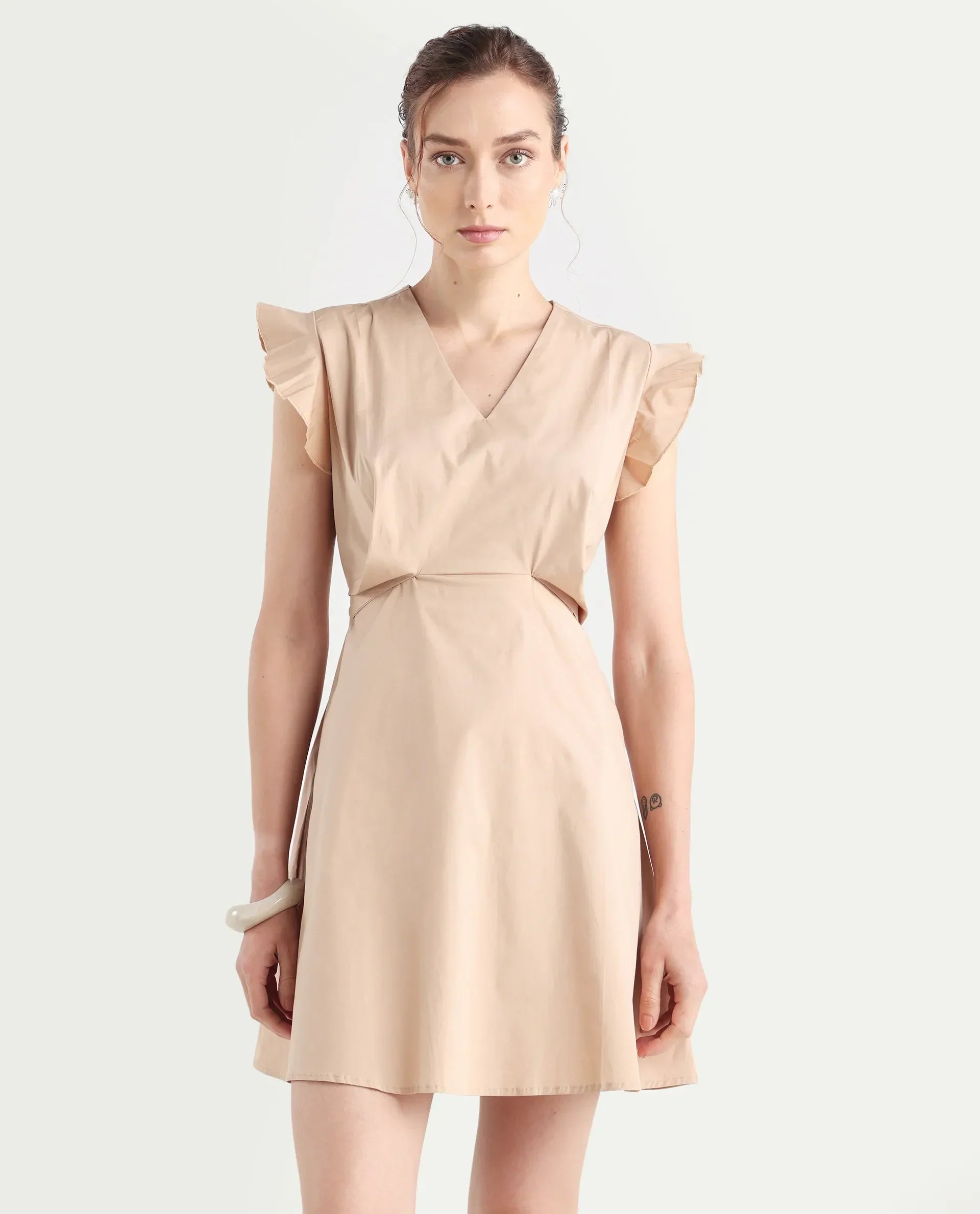 Rareism Women's Qinc Beige Cotton Blend V-Neck Plain Ruffled Sleeve Mini Fit And Flare Dress