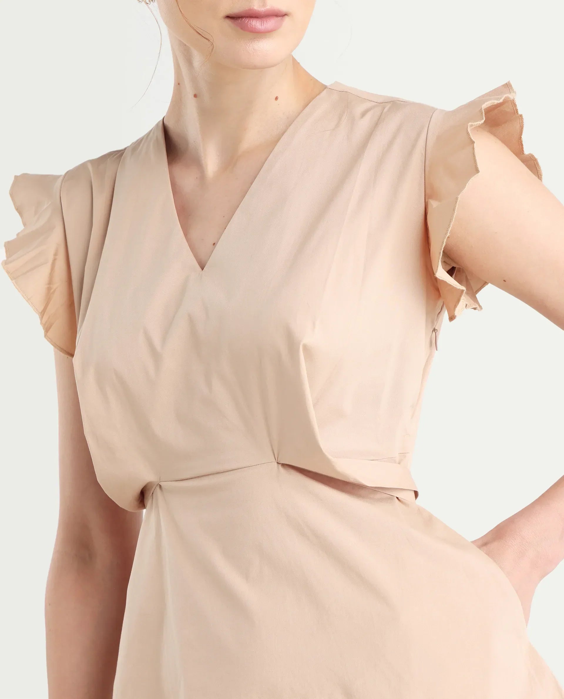 Rareism Women's Qinc Beige Cotton Blend V-Neck Plain Ruffled Sleeve Mini Fit And Flare Dress