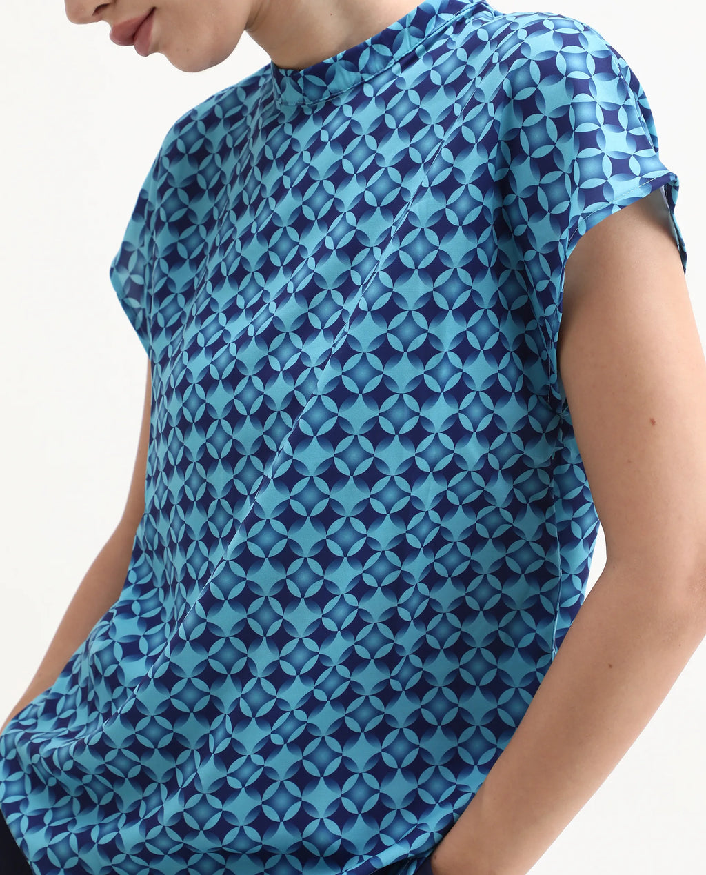 Rareism Women's Qoat Blue Polyester Blend High Neck Geometric Print Extended Sleeves Regular Fit Top