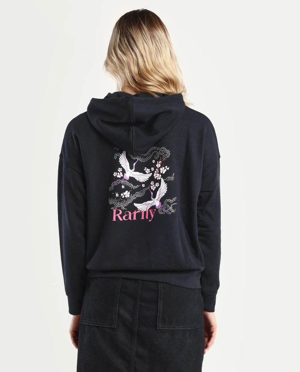 Rareism Women's Quash Black Cotton Blend Hooded Graphic Print Relaxed Fit Sweatshirt