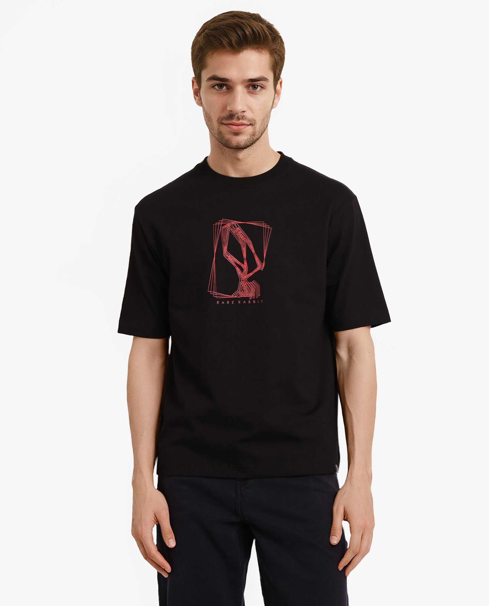 Rare Rabbit Men's Que Black Cotton Graphic Print Regular Fit Half Sleeve Crew Neck T-Shirt