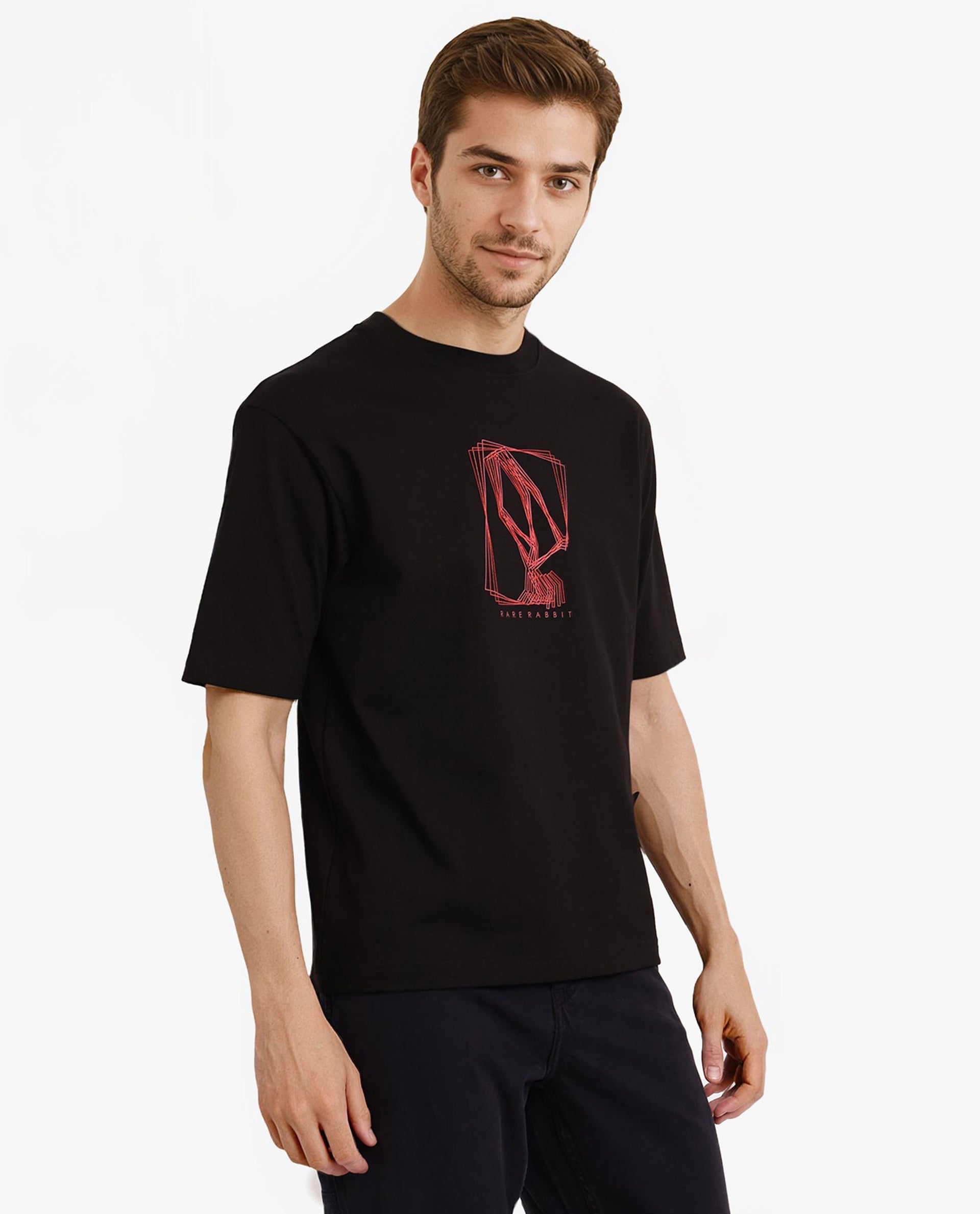Rare Rabbit Men's Que Black Cotton Graphic Print Regular Fit Half Sleeve Crew Neck T-Shirt