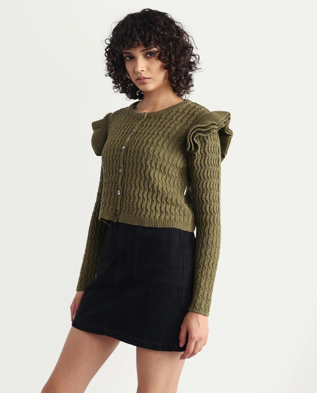 Rareism Women's Queen Olive Cotton Crew Neck Plain Regular Fit Sweater