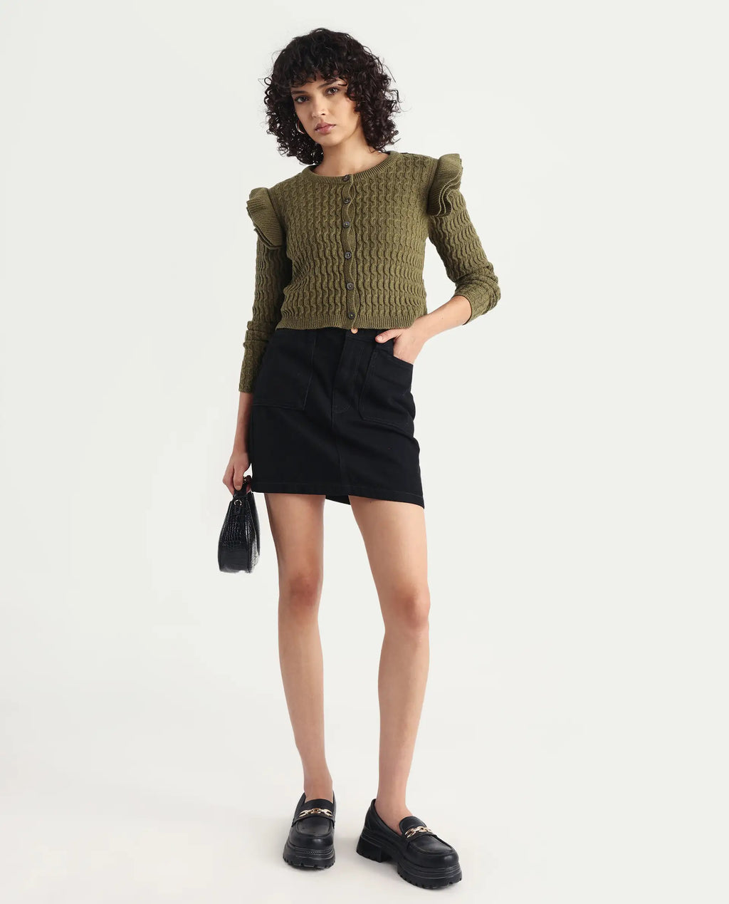 Rareism Women's Queen Olive Cotton Crew Neck Plain Regular Fit Sweater