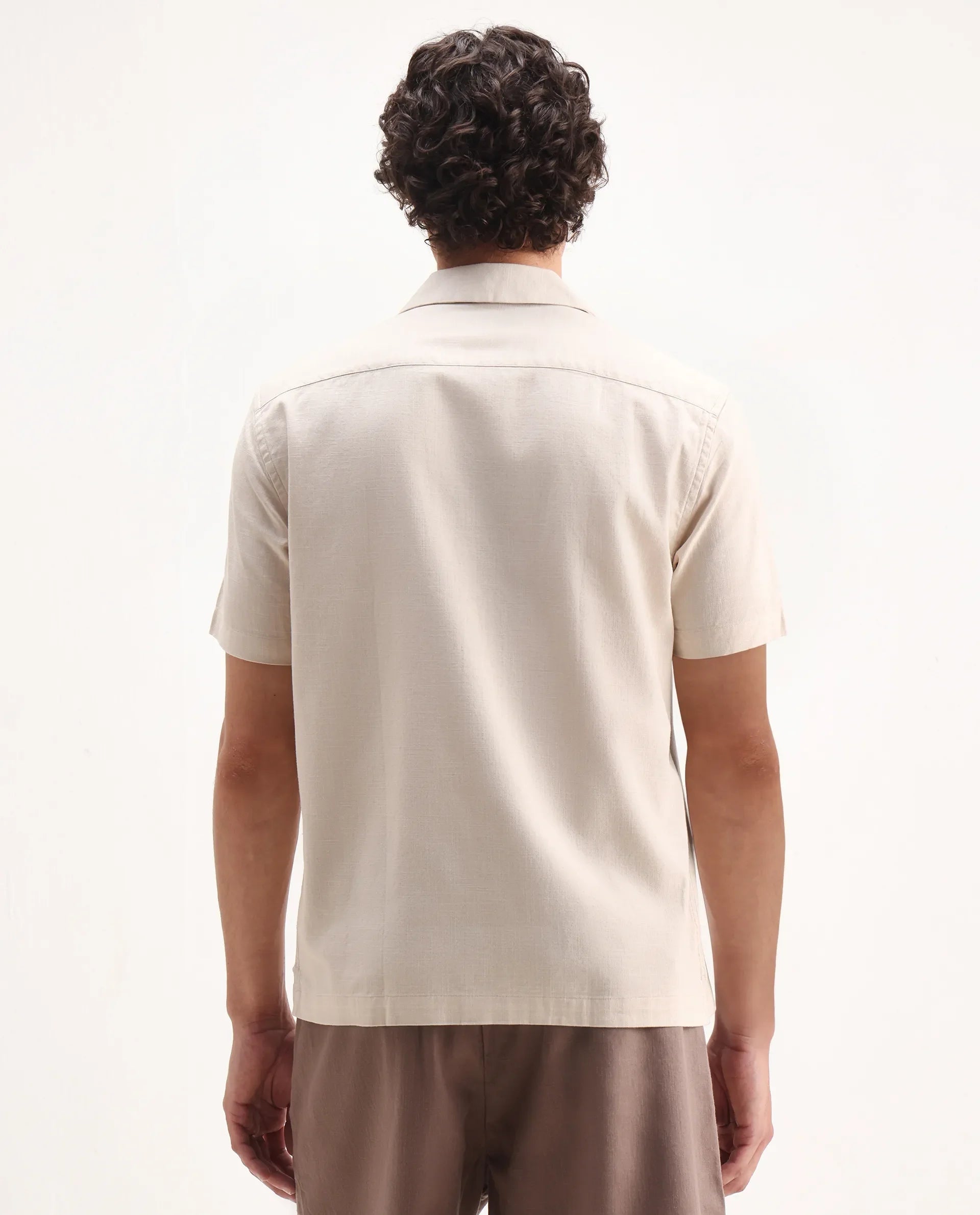 Rare Rabbit Men's Quentin Beige Embroidered Relaxed Fit Half Sleeve Cuban Collar Shirt