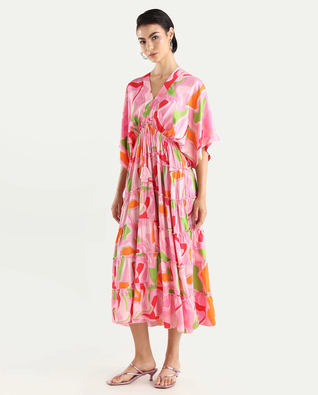 Rareism Women's Quil Pastel Multi Cotton Blend V-Neck Abstract Print Extended Sleeves Midi Fit And Flare Dress