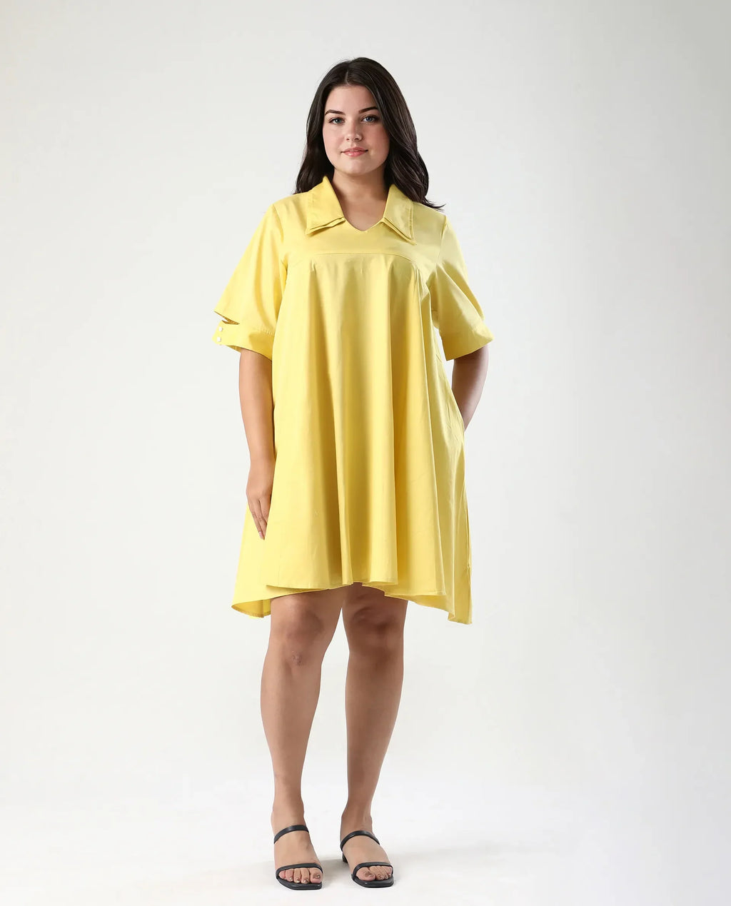 Rareism Women's Qurad Yellow Cotton Blend Johnny Collar Plain Cutout Sleeve Mini Flared Dress