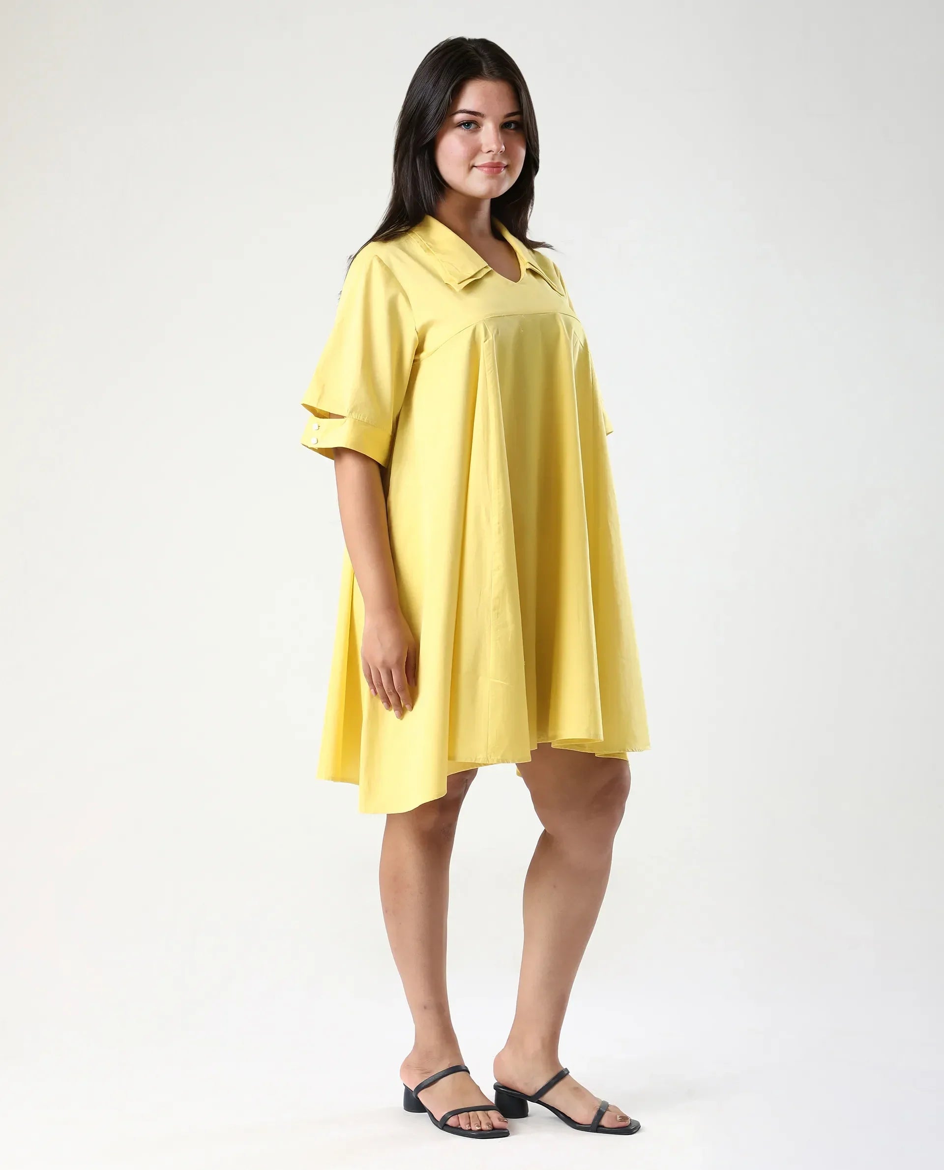 Rareism Women's Qurad Yellow Cotton Blend Johnny Collar Plain Cutout Sleeve Mini Flared Dress